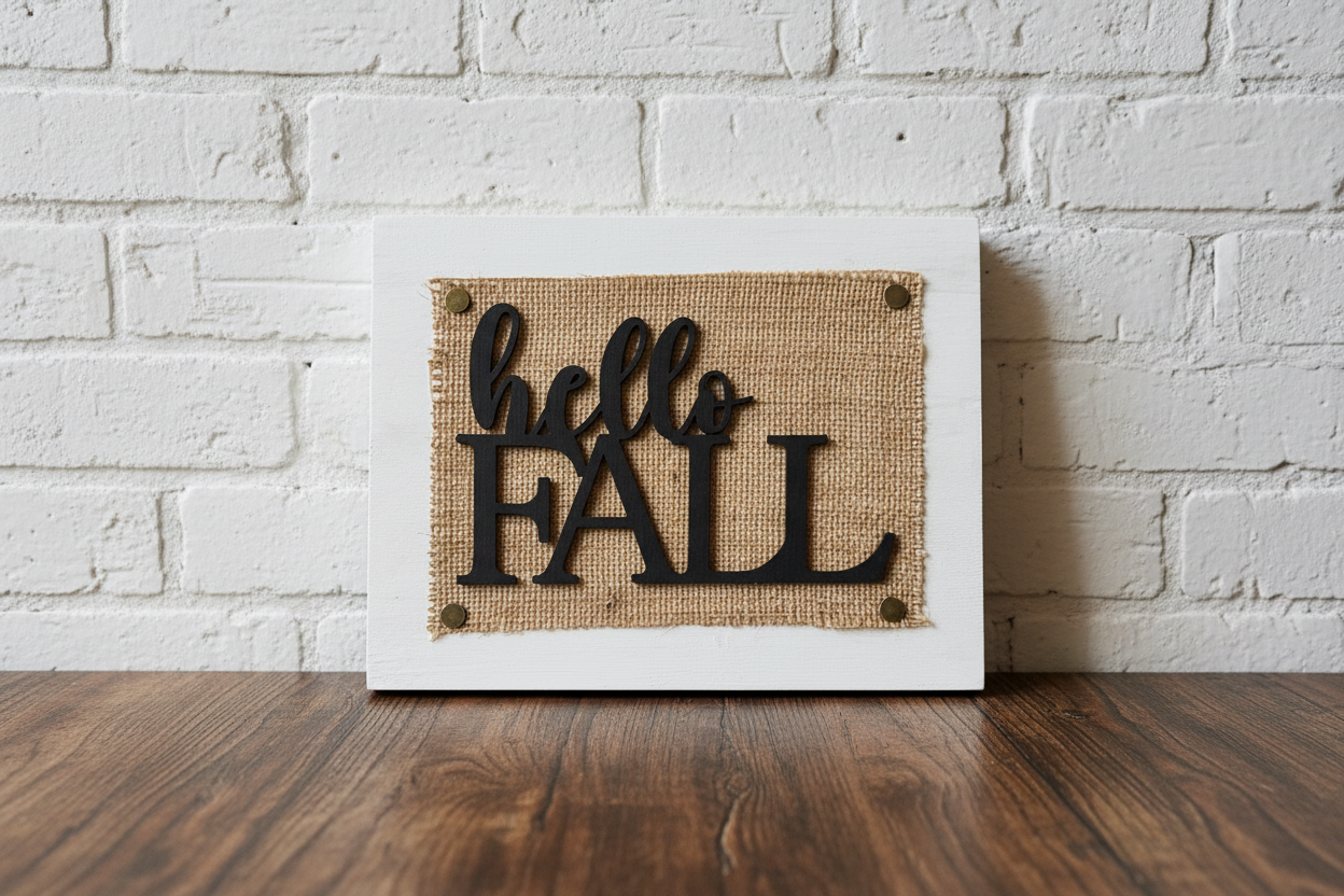 A square white-framed decorative sign leaning against a white brick wall on a dark wood surface. The sign features a burlap-textured center with black cutout lettering that reads 'hello FALL'.