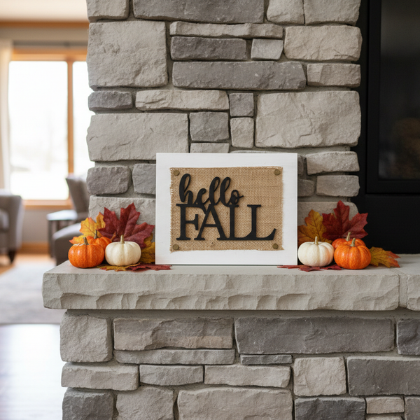 A burlap and wood sign reading 'hello FALL' in black script and block lettering, displayed on a stone fireplace mantel with small pumpkins, fall leaves, and a warm living room in the background.