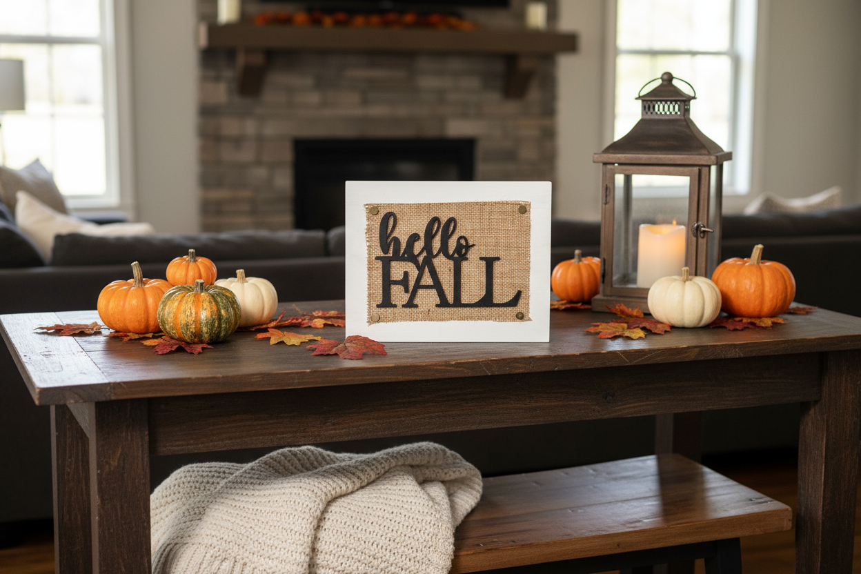 A burlap and wood sign reading 'hello FALL' in black script styled on a dark wood table with pumpkins, fall leaves, a lantern, and a candle in a cozy living room setting.