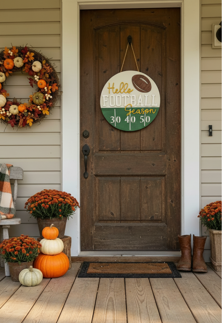 Hello Football Season wood grain door hanger hanging on a decorated fall front porch