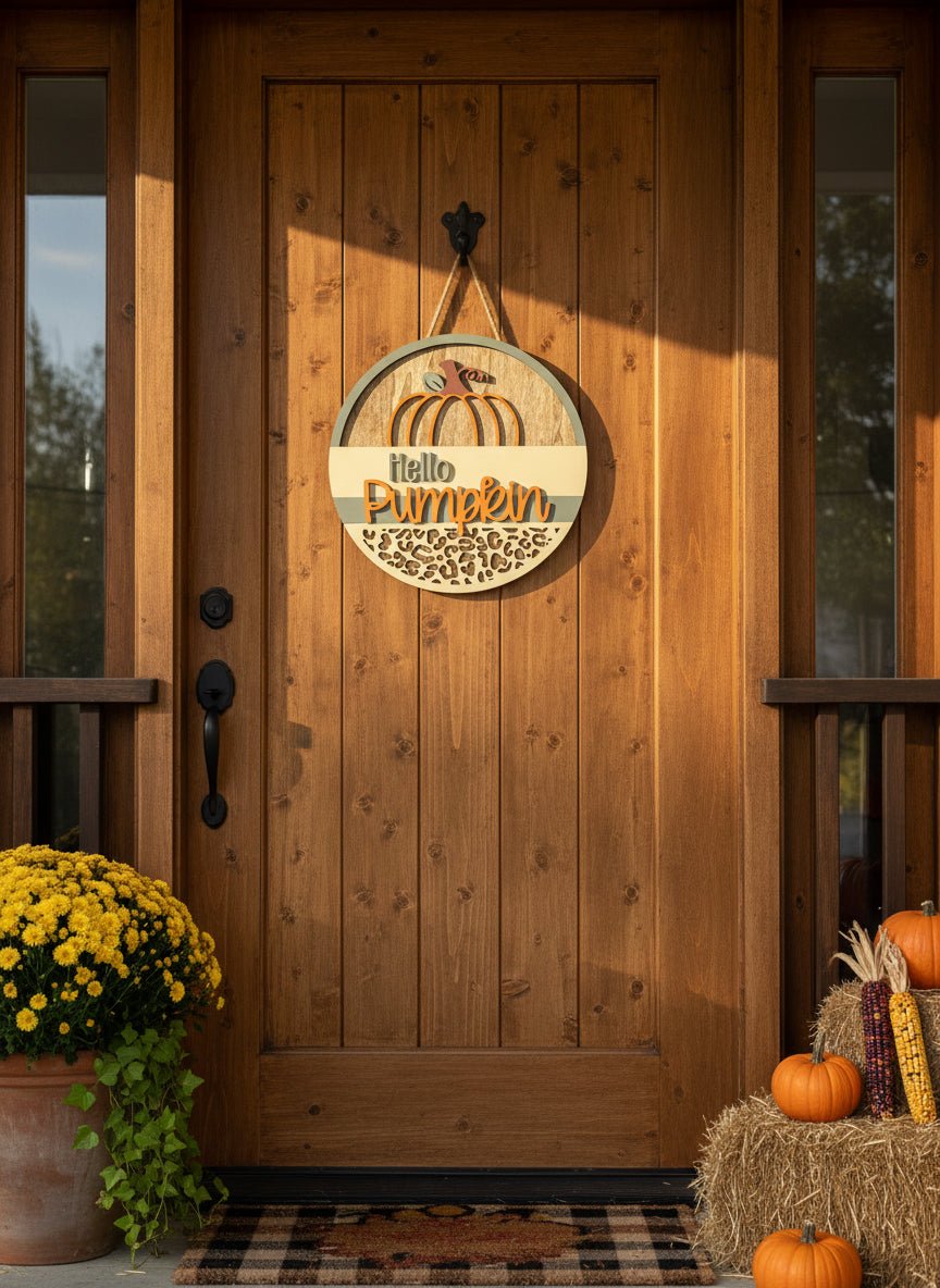 Hello Pumpkin Door Hanger on a wooden rustic door with fall mum, hay and pumpkins on the porch.
