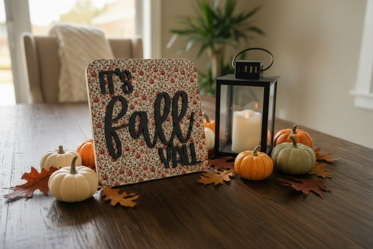 A decorative wooden sign reading 'It's Fall Y'all' in black script over a muted floral and pumpkin pattern, styled on a dark wood table with small pumpkins, autumn leaves, a black lantern with a white candle, and a softly blurred indoor background.