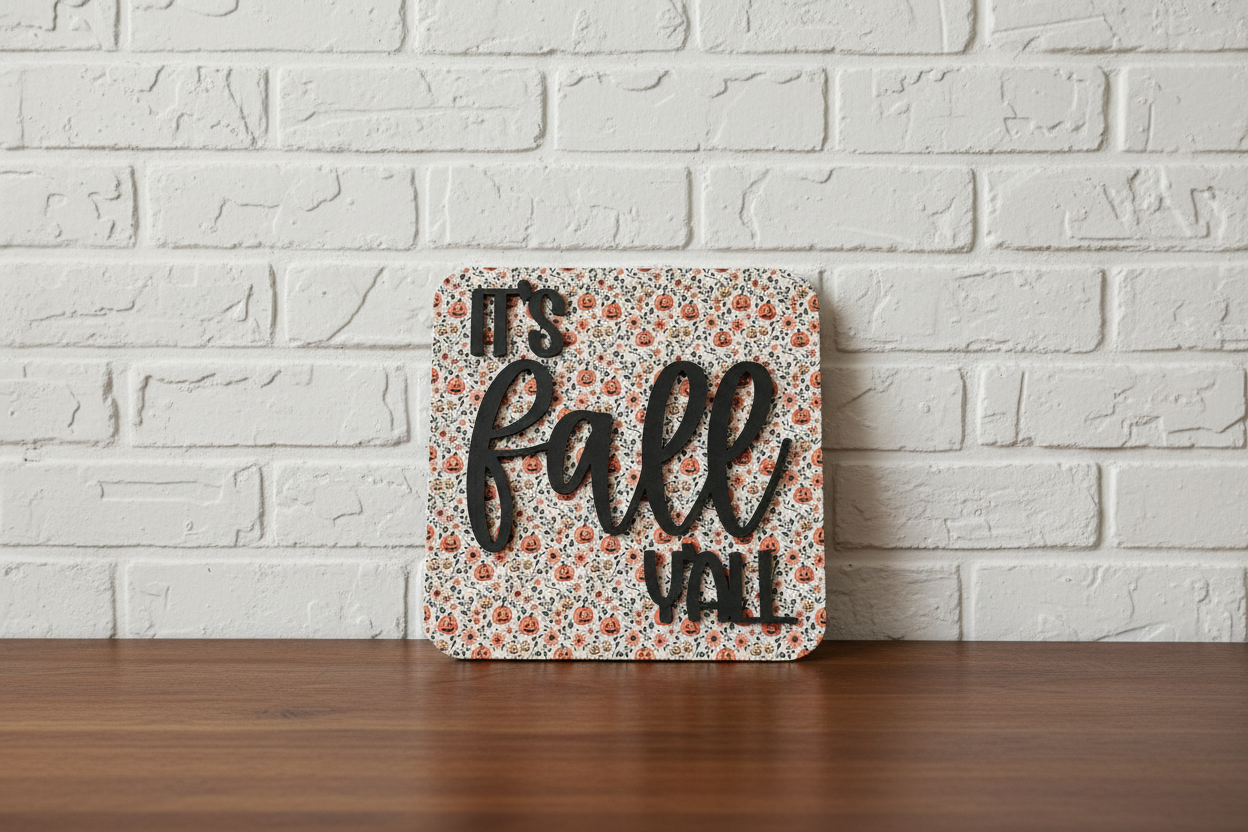 A square decorative sign with the phrase 'It's Fall VALL' in black lettering, featuring a small orange and beige floral pattern background, displayed on a wooden surface against a white brick wall.