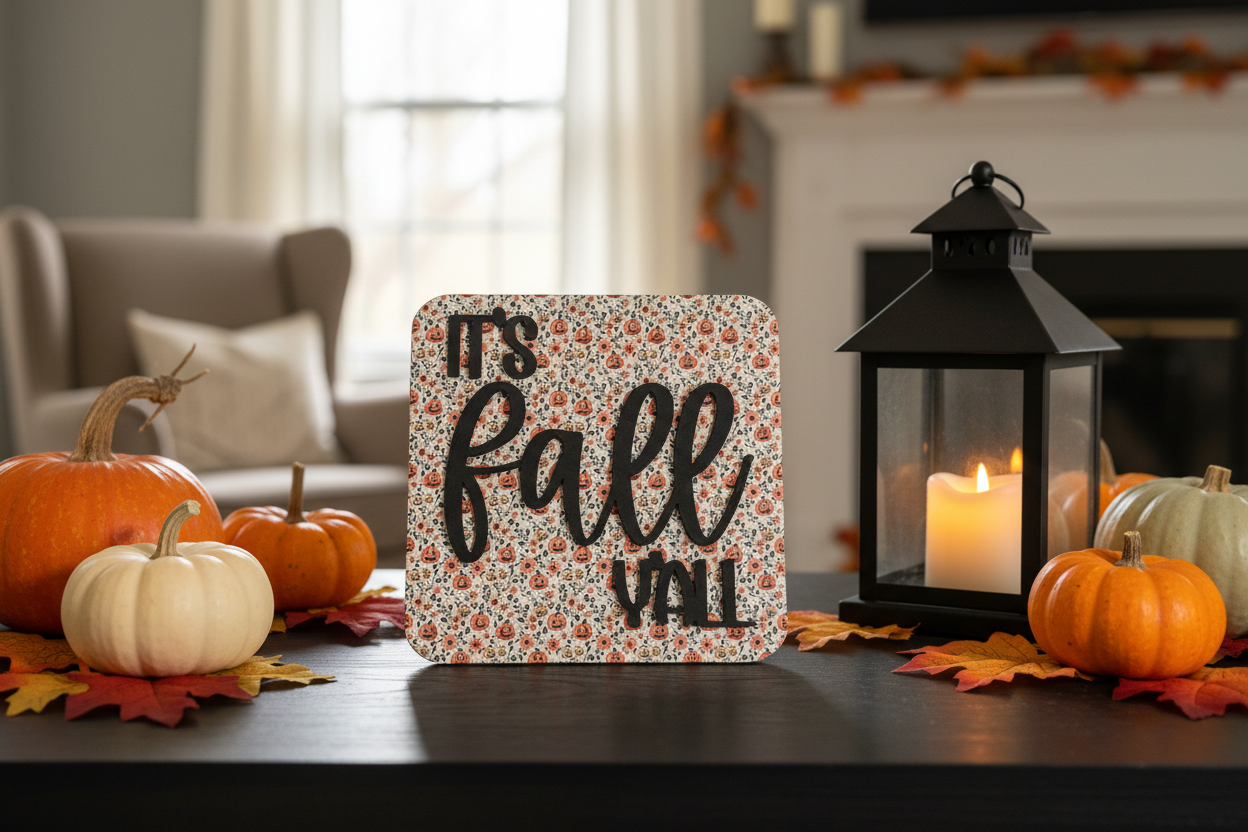 A square decorative sign with the phrase 'It's fall Y'all' in black script over a small floral and pumpkin pattern, styled on a dark table with pumpkins, autumn leaves, a black lantern with a lit candle, and a softly blurred living room background.