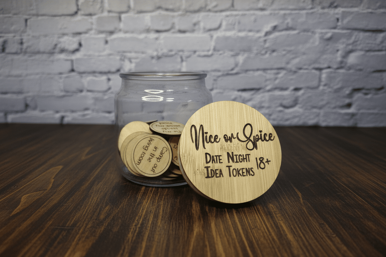 Jar of 'Nice or Spice' date night idea tokens with a wooden disc on a wooden surface.