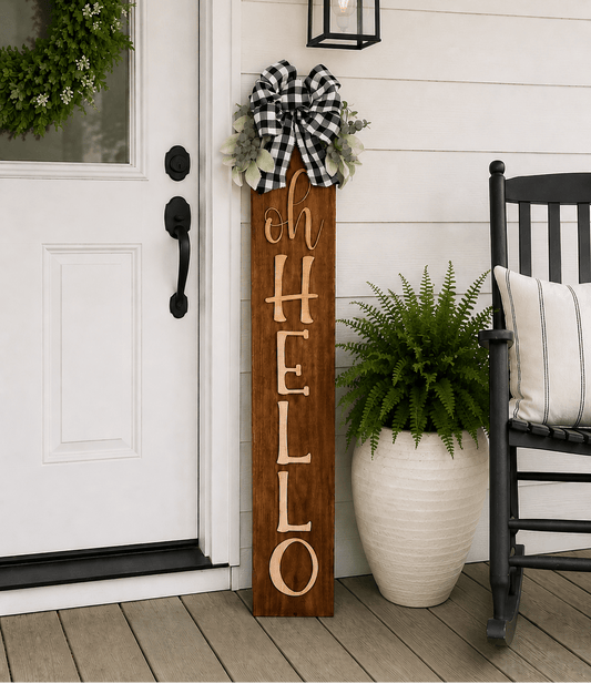"Oh Hello" Porch Leaner | Stained Wood with Bow & Greenery - Rustic Aura