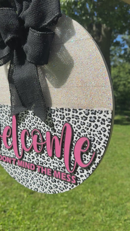 Leopard Print & Glitter Door Hanger with Black Burlap Bow