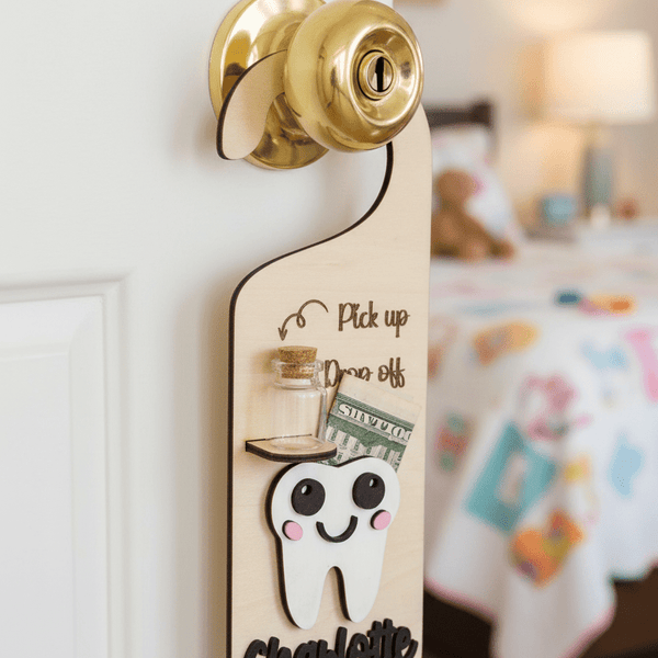Personalized Tooth Fairy Door Hanger | Custom 3D Name Hanger with Glass Tooth Vial - Rustic Aura