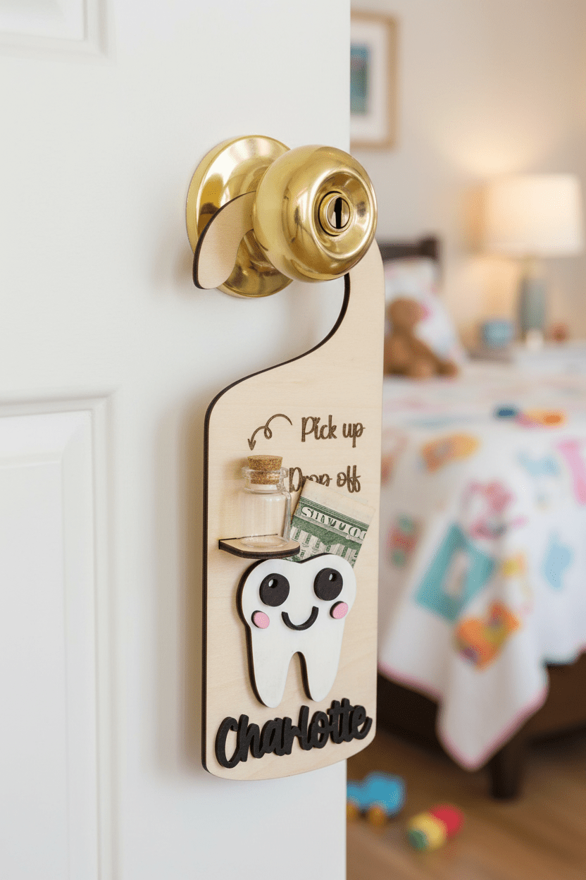 Personalized Tooth Fairy Door Hanger | Custom 3D Name Hanger with Glass Tooth Vial - Rustic Aura