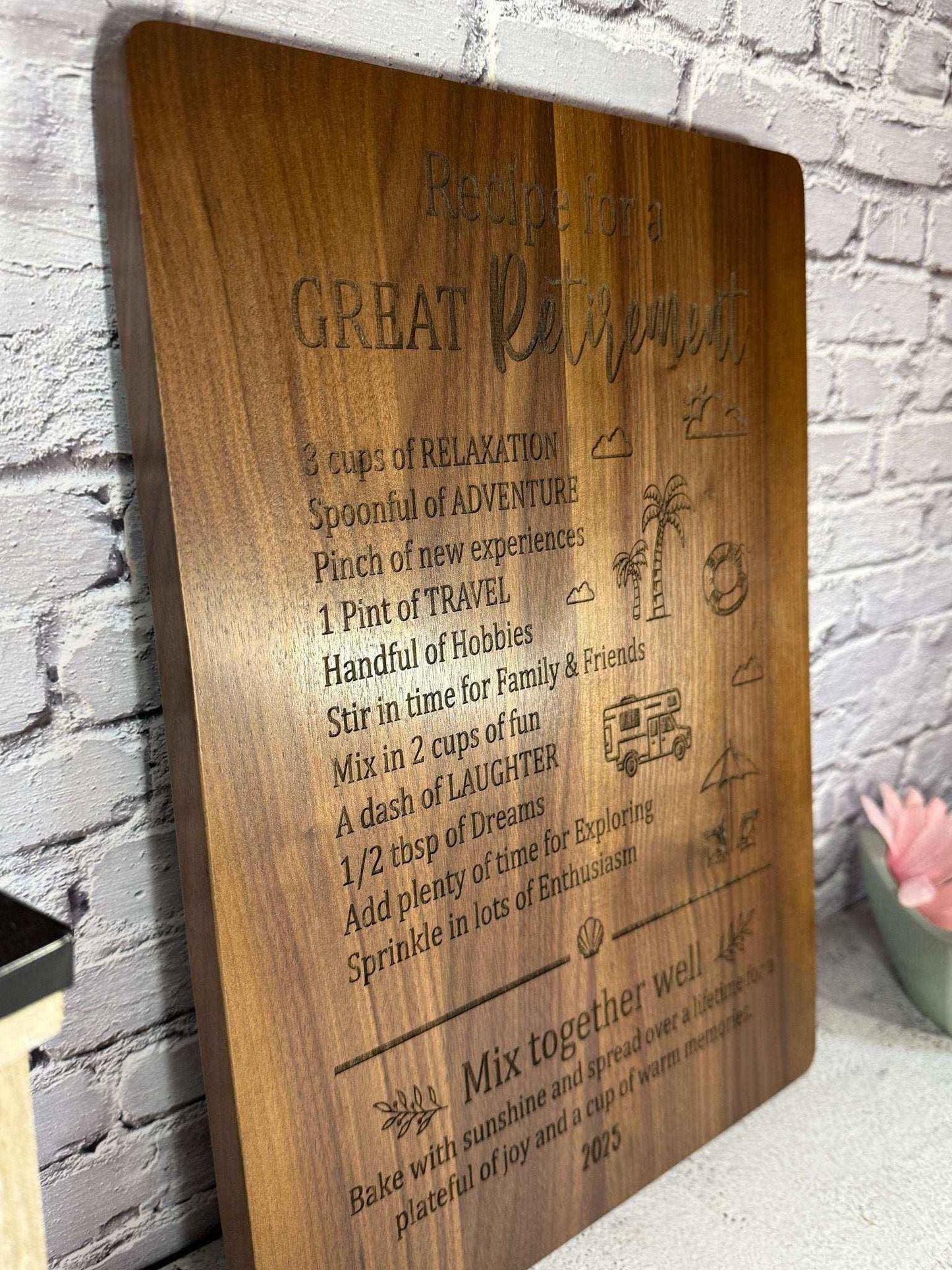 Recipe for a Great Retirement Walnut Cutting Board | Custom Engraved Wood Decor