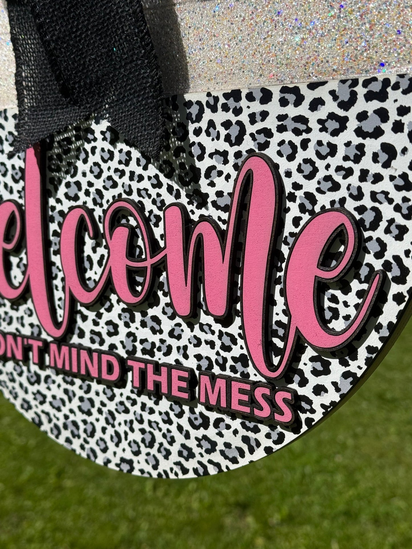 Leopard Print & Glitter Door Hanger with Black Burlap Bow - Rustic Aura
